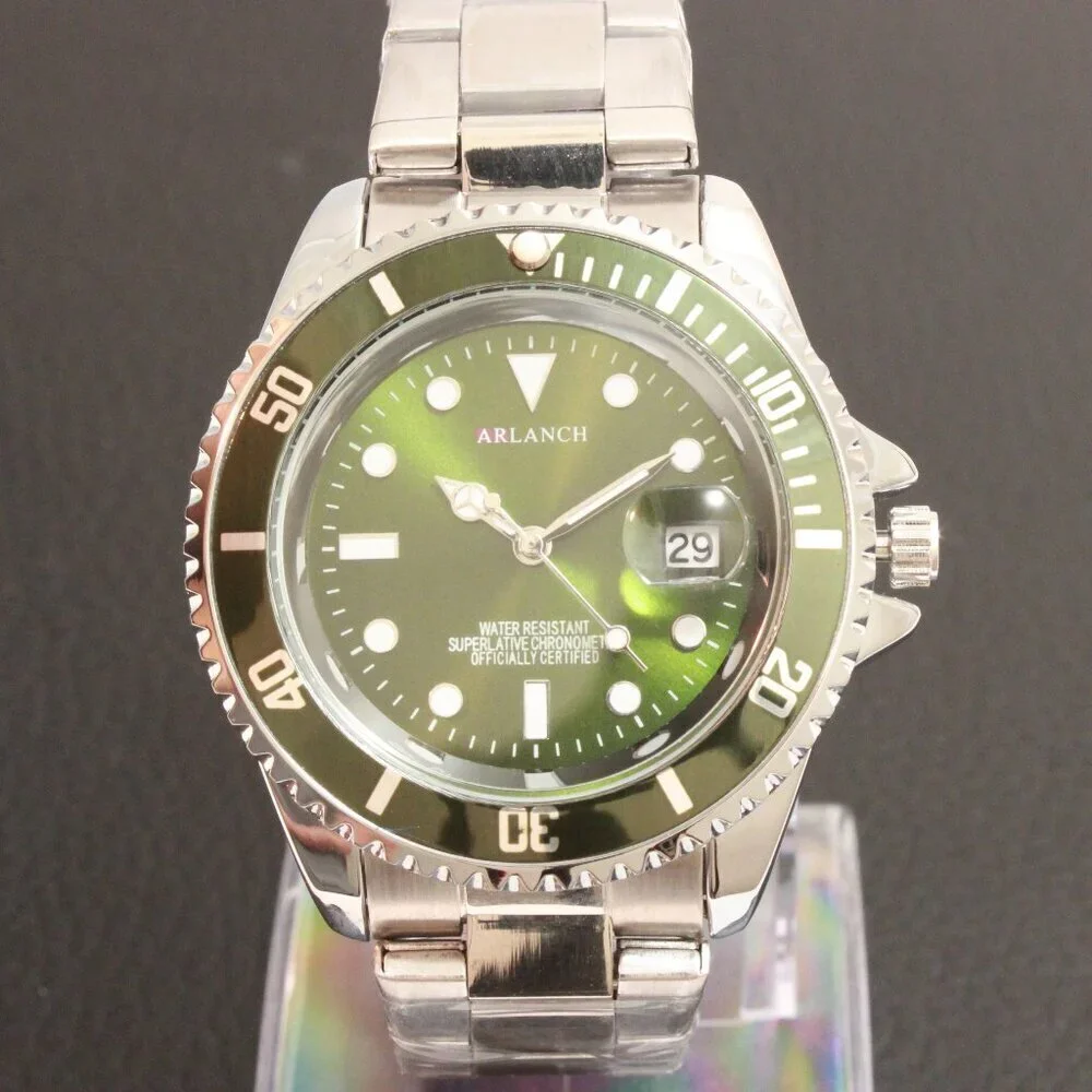 Men's Diver Style Watch Green Uni-directional Bezel Stainless Bracelet 40mm